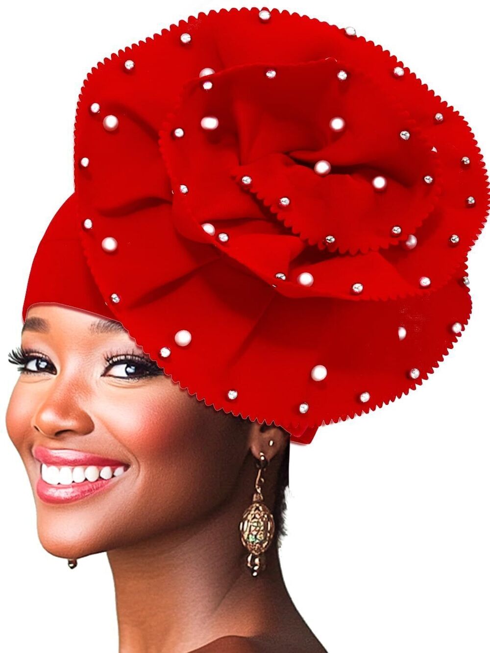 1837 African Turban Headwrap Flower Head Wrap Cap Pre-Tied Pearl Head Scarf